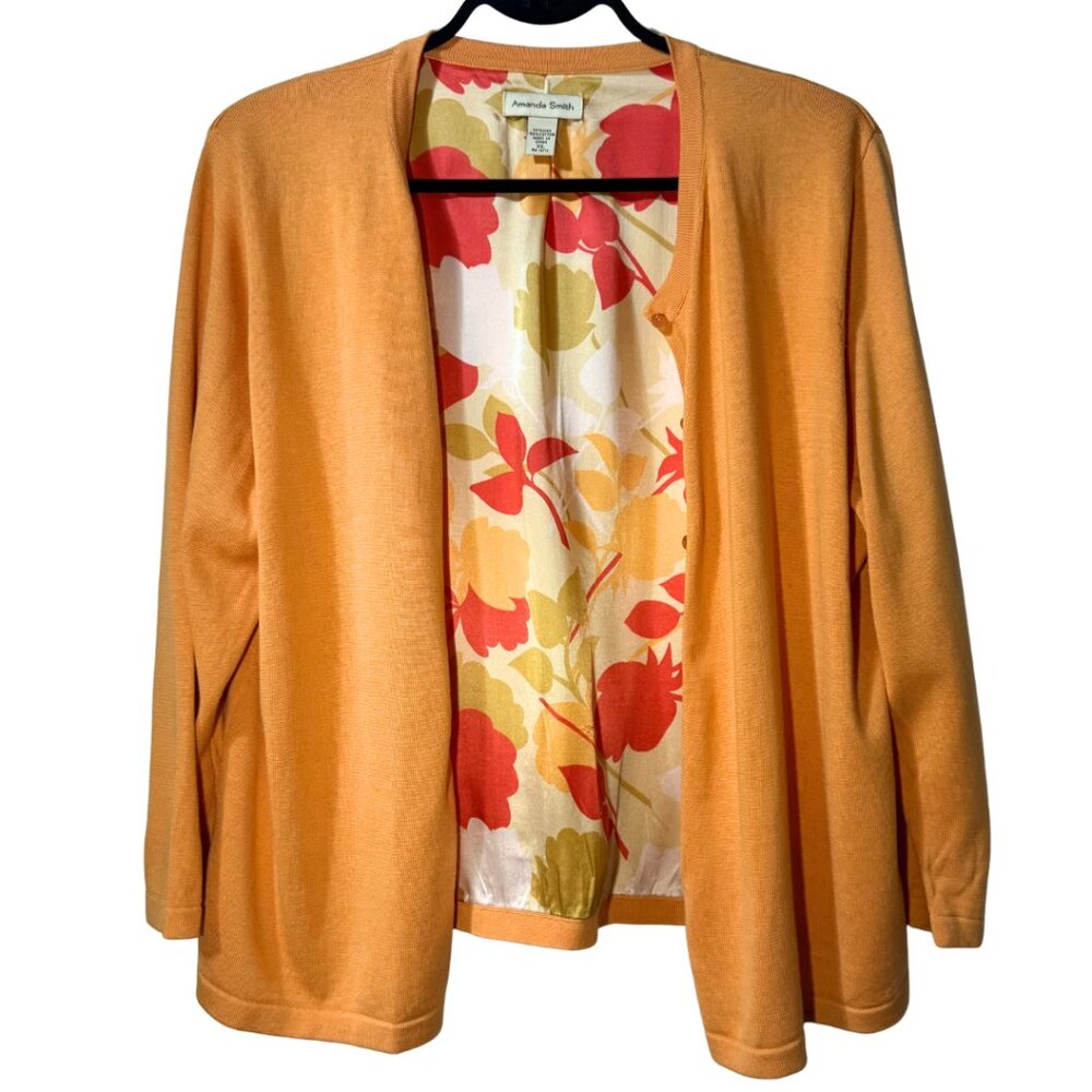 Amanda Smith Silk-Cotton Blend Cardigan Sweater XL Orange Floral-Lined Interior